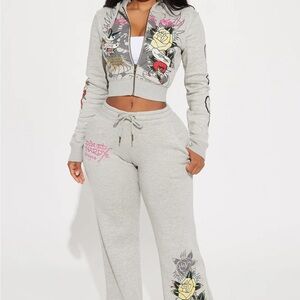 Ed Hardy Light Gray Floral Graphic Track Pants with Yellow Rose